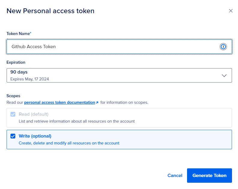 New Digital Ocean Access Token