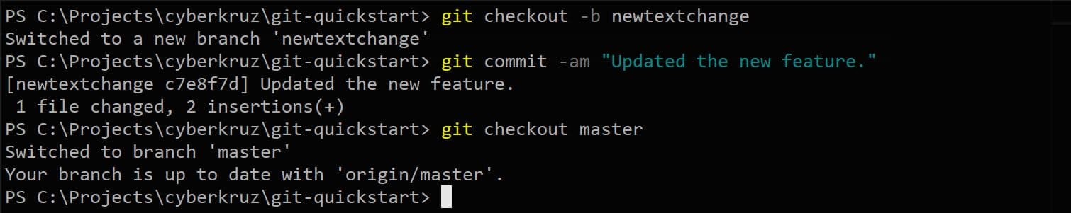 Git status showing branch create
