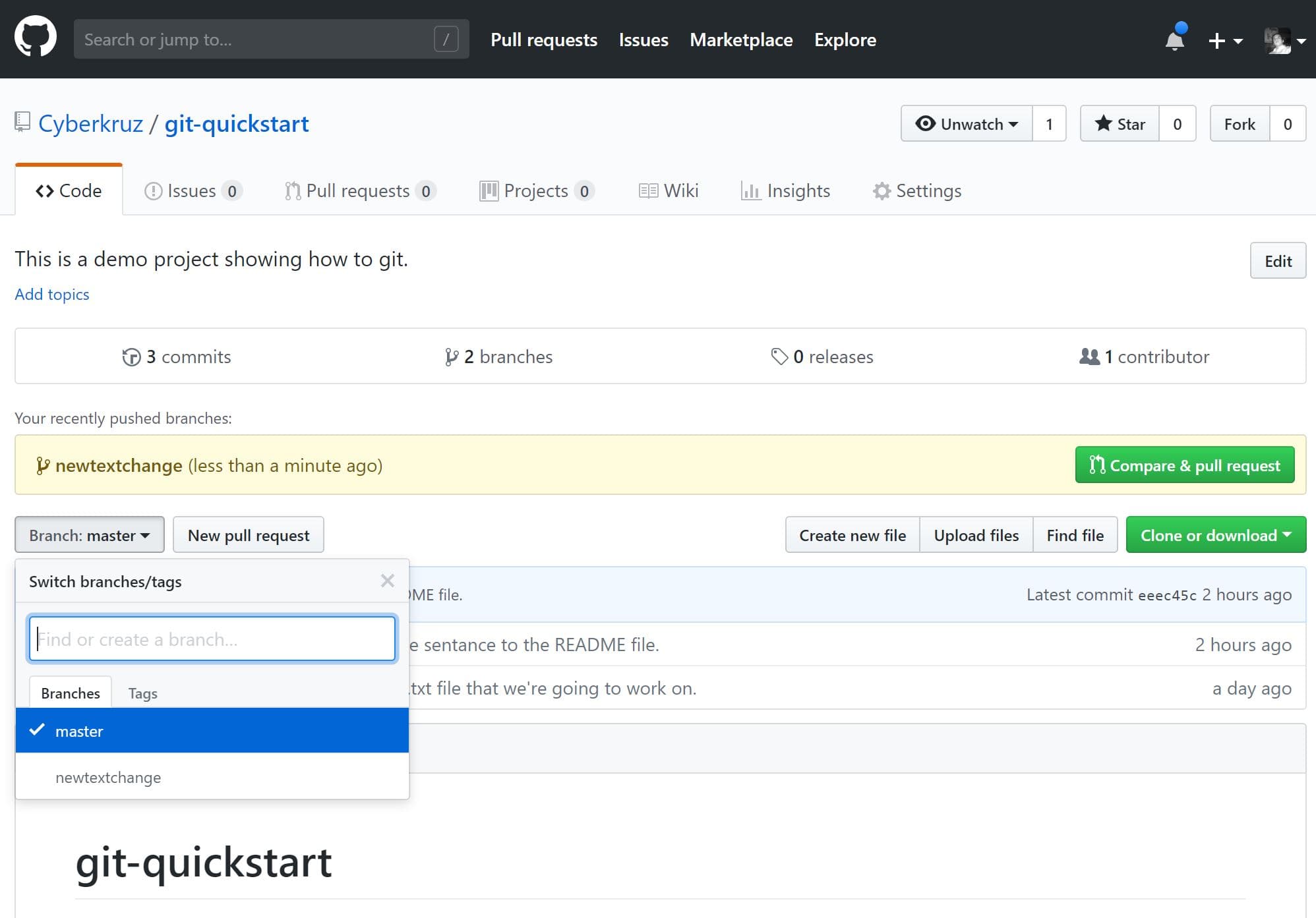 Github showing new branch